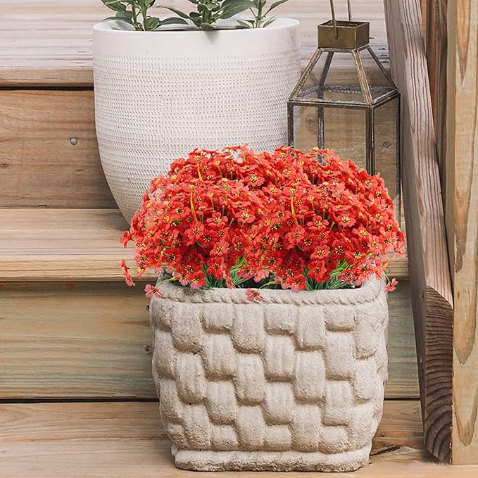 Uieke 16PCS Artificial Flowers for Outdoors, UV Resistant Fake Flowers No Fade Faux Plastic Plants for Garden Porch Window Box Home Décor (Red)
