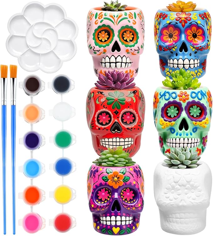 Pasimy 6 Set Ceramics to Paint DIY Ceramic Succulent Planter Pots Paint Your Own Flower Pots Craft Kit Unpainted Bisque Flowerpot with Brush Palette for Family Activity Holiday Gifts(Skull)