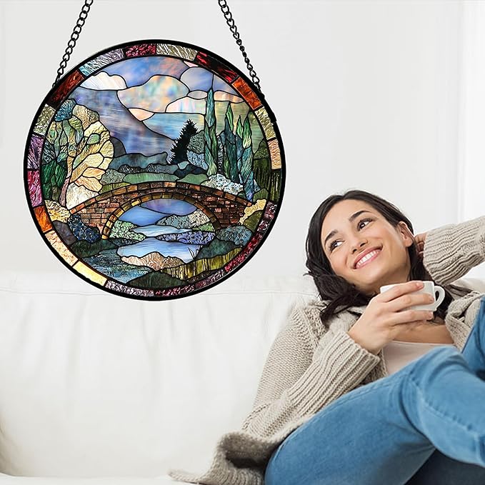 AMDERVEN Stained Glass Window Hanging, Blue Landscape Arch Bridge Sun Catcher for Door Home Decor Suncatcher Christmas Mother's Day Birthday Gifts for Women Men Mom and Nana 11.8 in