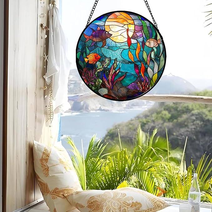 Stained Glass Window Hanging - Blue Ocean World Small Fish Coral Sun Catcher for Door Garden Home Decor Sea Suncatcher Christmas Mother's Day Birthday Gifts for Women Men Mom Nana 15 in