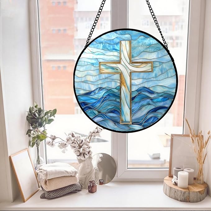 JOSUMALY Christian Gifts for Women - Blue Cross Stained Glass Window Hanging Jesus Easter Ocean Waves Sun Catcher Garden Religion Decor Mother's Day Catholic Gift for Men Grandma Mom Her Nana 11.8"