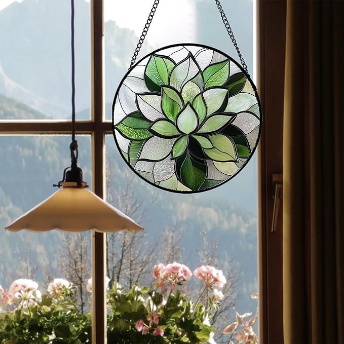 Stained Glass Window Hanging - Ireland Green Plants Suncatcher for Doors Garden Succulent Sun Catchers Decor Mother's St. Patrick's Day Birthday for Women Men Mom Nana 11.8 in