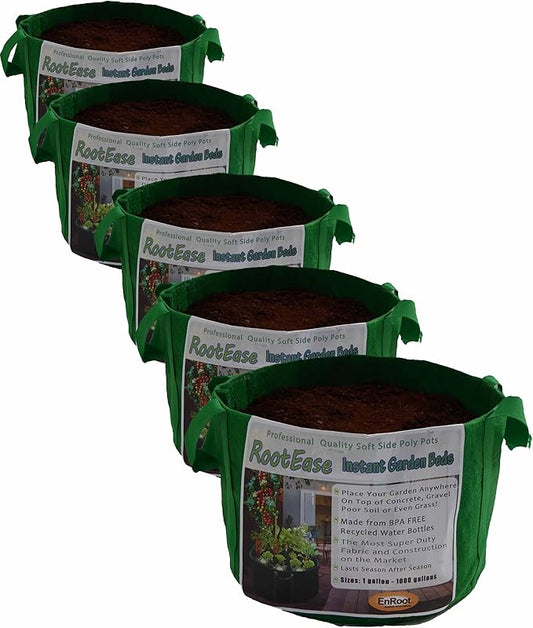 EnRoot Products LLC RootEase 5-Pack Garden Planting Fabric Pot, Heavy Duty Durable Grow Bags/Planter, Raised Bed Gardening, Eco-Friendly Grow Bags with Handles (5 Gallon, Green)