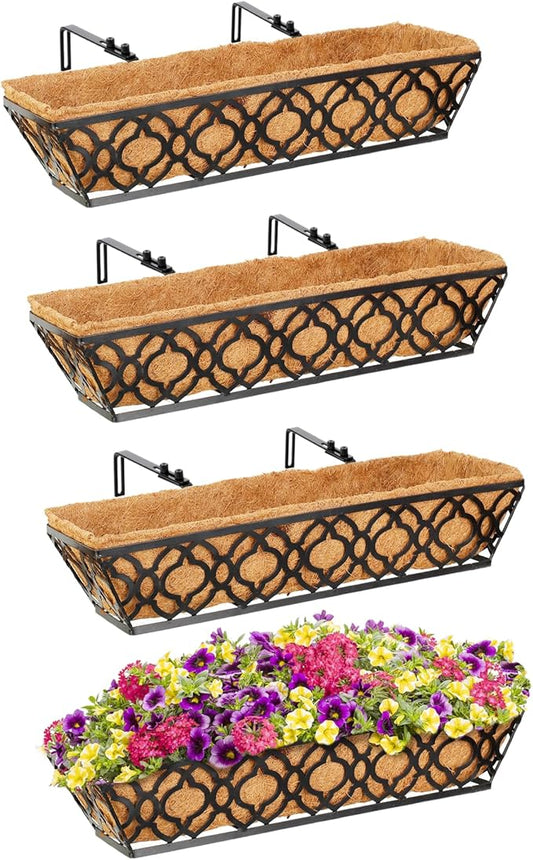 Y&M Flower Boxes for Deck Railings 24inch 4packs, Deck Railing Planter Boxes with Coir Liner Outdoor Railing Window Boxes Planters Hanging Planter Flower Box
