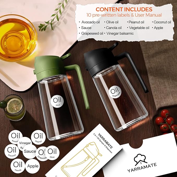 YARRAMATE 2Pcs 16oz/470ml Glass Olive Oil Sprayer for Cooking with Stickers, 2 in 1 Oil Dispenser for Kitchen Gadgets, Food Grade Premium Spray Bottle for Salad, BBQ (Black&OliveGreen)