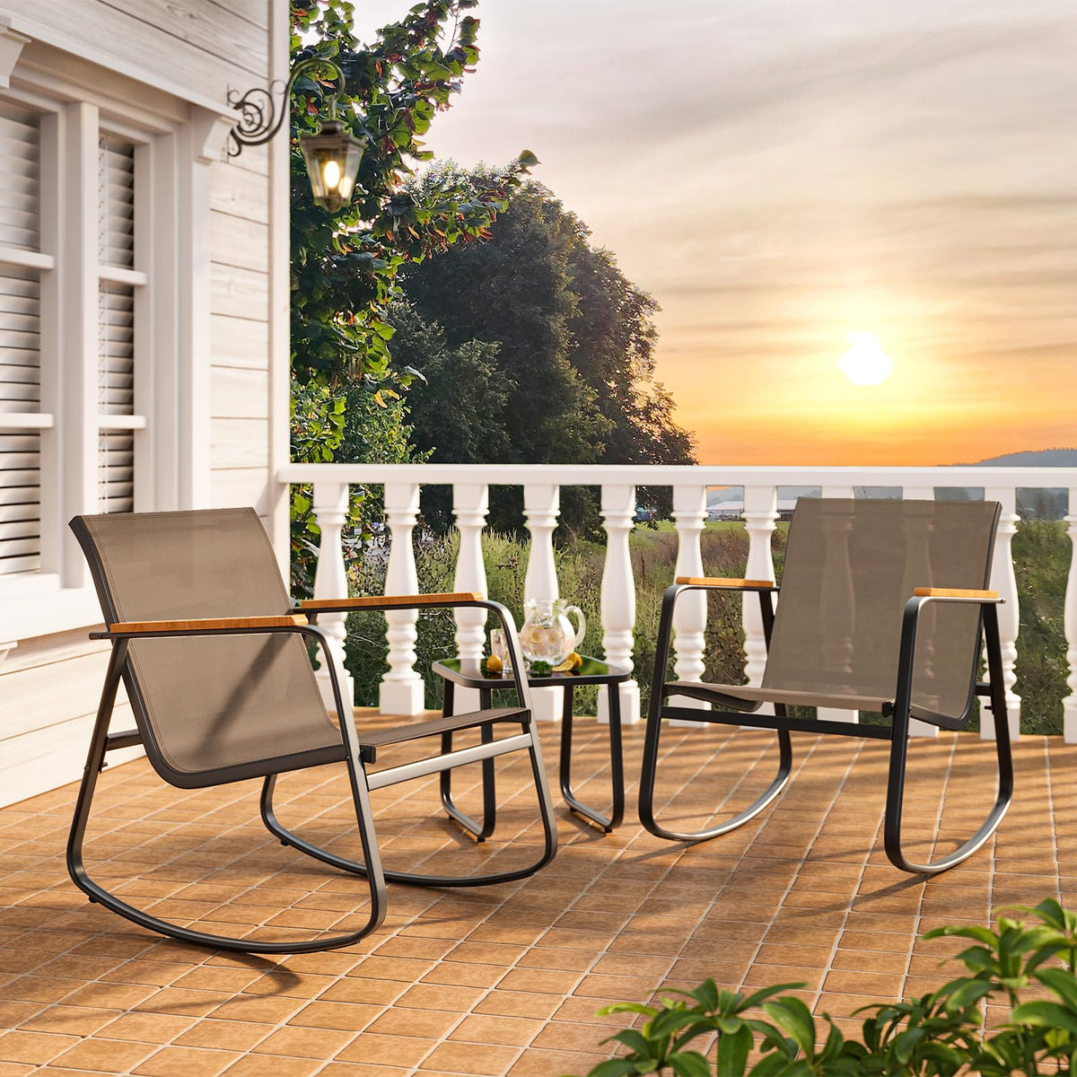 Ahomly 3-Piece Outdoor Rocking Bistro Set, Patio Furniture Set, Tan