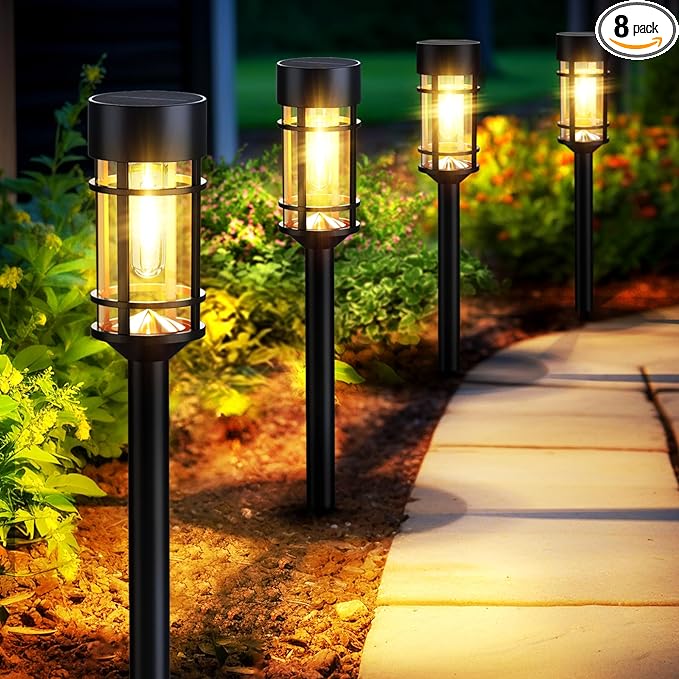 Mancra Solar Pathway Lights, 8 Pack LED Solar Lights Outdoor Waterproof, Glass Metal Garden Lighting for Yard Path Landscape Lawn Walkway Driveway, 3000K