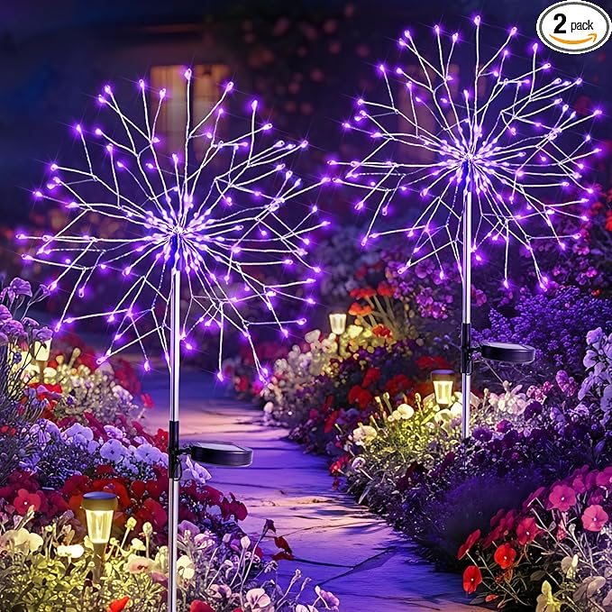 suddus 2 Pack Purple Halloween Lights Outdoor, 150LED Purple Solar Garden Lights with 8 Modes, Waterproof Solar Firework Light for Halloween Yard Garden Decorations