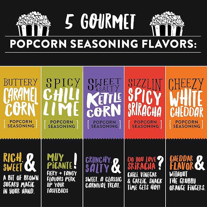 Urban Accents Movie Night Popcorn Gift Set – Includes 3 Gourmet Popcorn Kernel Varieties & 5 Flavorful Seasonings – Perfect Snack Gift Box for Parties, Holidays, or Movie Lovers