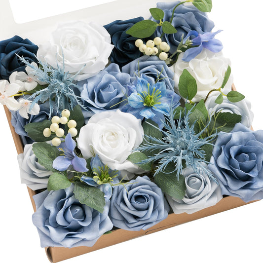 Ling's moment Fake Flowers Box, Dusty Blue & Ivory & Sage Grand Combo