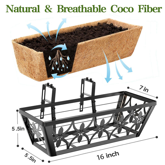 16 Inch Window Boxes Planters Railing Planter Box - 4 Pack Deck Railing Planter Boxes with Adjustable Brackets Coco Liners Balcony Planters Railing Hanging for Window Flower Boxes Outdoor Garden Decor