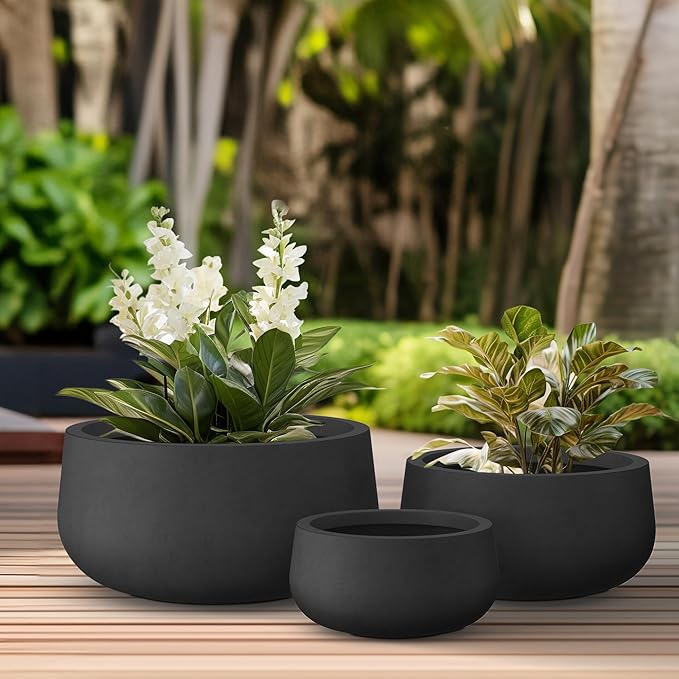 Kante 19.6",15.7",11.8" Dia Round Concrete Planters Set of 3, Outdoor Indoor Garden Plant Pots with Drainage Hole and Rubber Plug, Modern Curvaceous Design, Black
