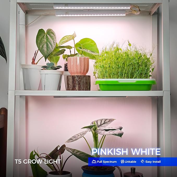 Barrina Grow Light for Indoor Plants, Full Spectrum Sunlight, 1ft Grow Lamp, LED Grow Light Bulbs, T5 Grow Light Strip, Plug and Play, Pinkish White, 4-Pack