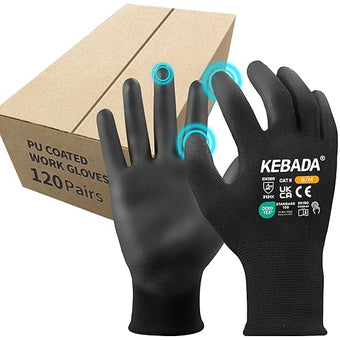 Kebada Safety Work Gloves,120 Pairs Bulk Pack, Touchscreen, PU Coated, Ideal for Warehouse, Construction, Gardening and Mechanics, Black, Small