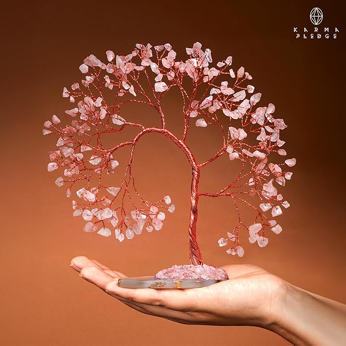 Rose Quartz Healing Crystal Tree of Life for Home and Office Decor, Positive Energy, Wealth, Good Luck, Reiki Healing Crystals and Stones, Handmade Feng Shui Decoration, Birthday Gifts for Women