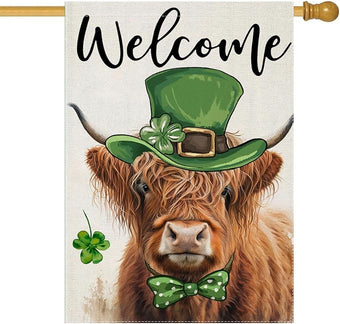 Welcome St Patricks Day House Flags for Outdoor Decoration, Highland Cow with Green Hat Lucky Shamrocks Large Yard Flag, Decorative Irish Celebration Decor for Seasonal Farmhouse Holiday