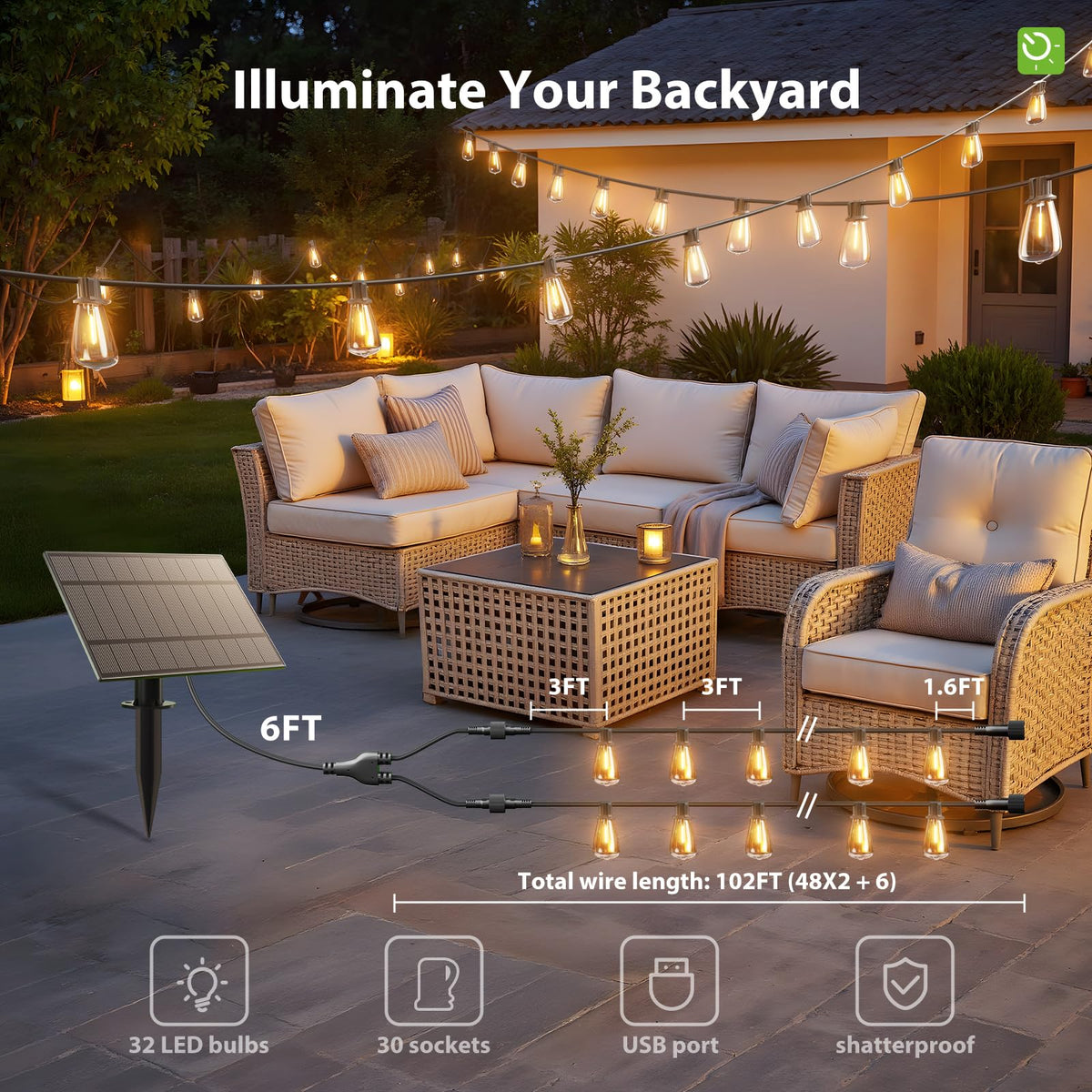 KYY 102FT(96+6) Solar String Lights Outdoor with USB Port Remote Control