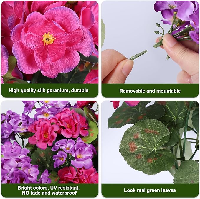 Artificial Geranium Fake Flowers for Outdoors Decoration, 6 Bundles Silk Geraniums Flower UV Resistant Look Real Faux Plants for Front Door Garden Porch Planter Patio Balcony Yard Indoor Home, Mix