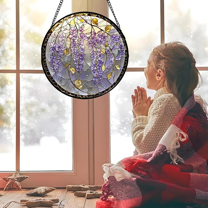 AMDERVEN Stained Glass Window Hanging - Wisteria Flower Golden Leaves Sun Catcher for Door Home Decor Plant Suncatcher Christmas Mother's Day Birthday Gifts for Women Men Lovers Mom Nana 6.3 in