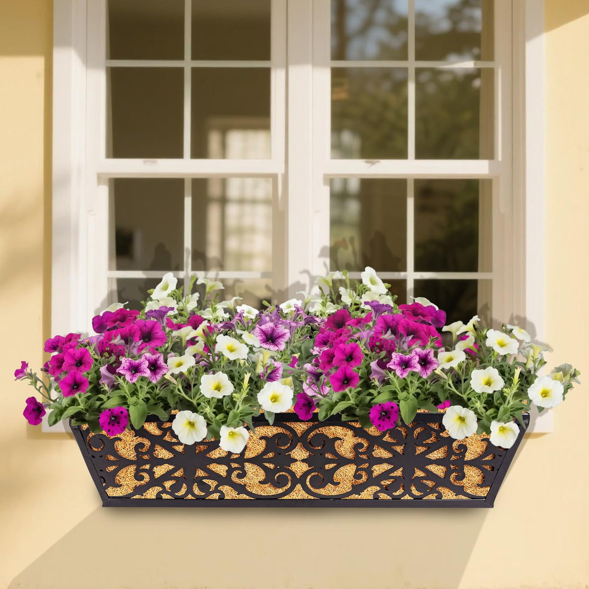 Karlliu 4 Pack 24 Inch Window Boxes Planters Railing Planter Box with Adjustable Brackets & Coco Liners Fabric Plant Grow Bags Deck Railing Planter Boxes Balcony Hanging Flower Box for Outdoor Plants