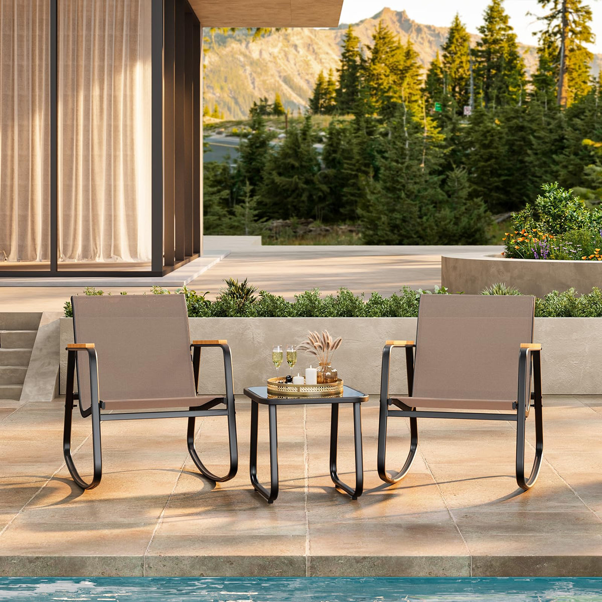 Ahomly 3-Piece Outdoor Rocking Bistro Set, Patio Furniture Set, Tan