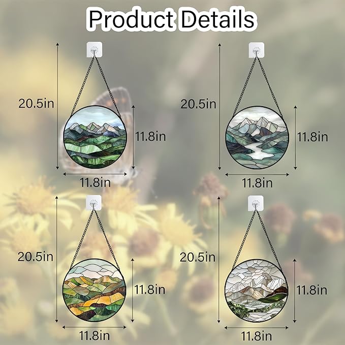 Stained Glass Window Hanging 4 Pcs Set Mountain River Landscape Large 11.8" - Suncatcher Door Garden Sun Catcher Decor Birthday Mother's Day for Mom Woman Nana Girl Boy Friend