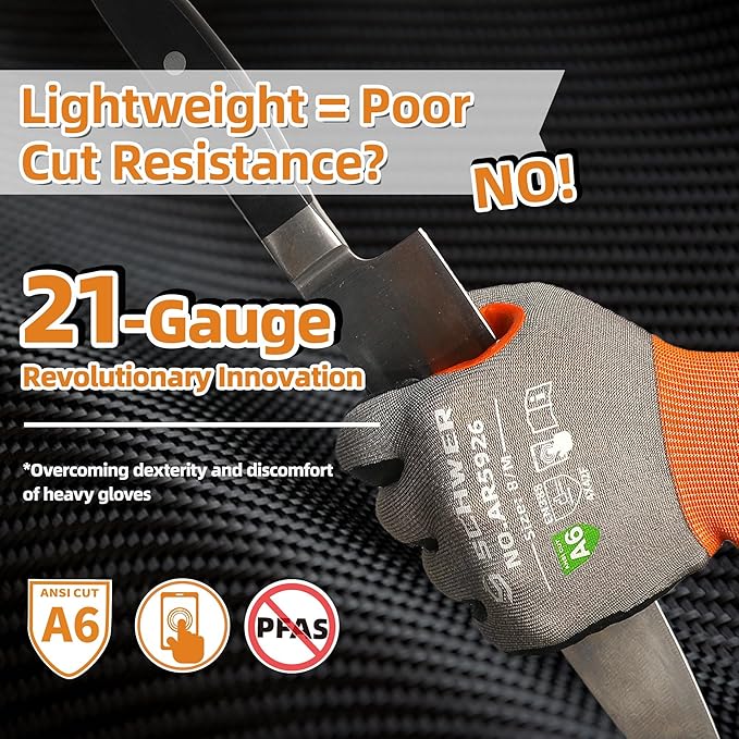 Schwer A6 AIR-SKIN Cut Resistant Work Gloves, Comfortable & Breathable, 21-Gauge Seamless Knit Flexible Safety Working Gloves with Grip for Refined Tasks, Touch-screen, Non PFAS, 1 Pair, S, AR5926