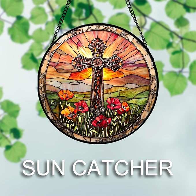 JOSUMALY Christian Gifts for Women - Cross Stained Glass Window Hanging Jesus Easter Poppy Sunset Landscape Sun Catcher Garden Religion Decor Mother's Day Catholic Gift for Men Grandma Mom Her 9.8"
