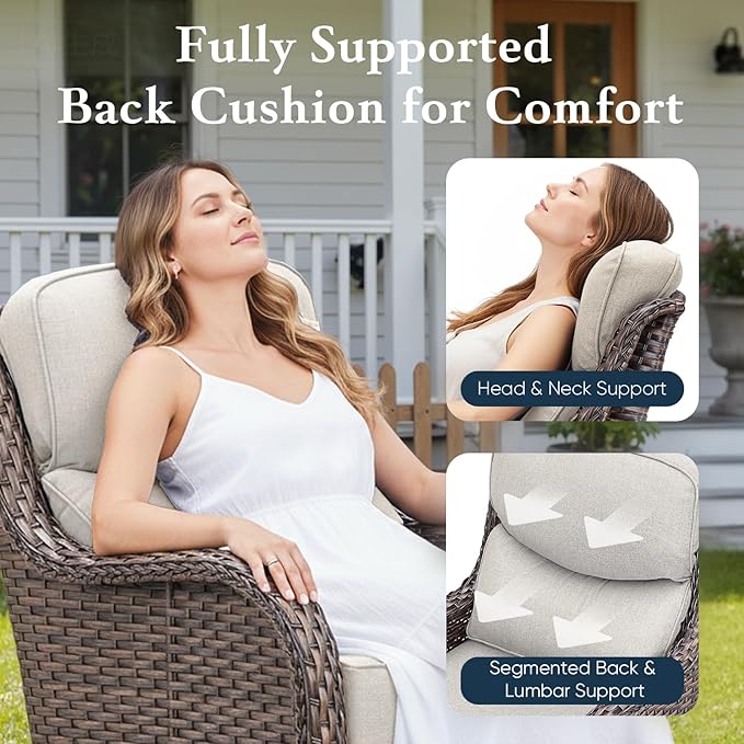 Belord Luxury 6" Thick Cushioned 8 Pieces Patio Furniture Set with Outdoor Couch, Wicker Outdoor Conversation Set with High Back Swivel Rocker Chairs for Deck Porch Yard and Poolside - Brown+Beige