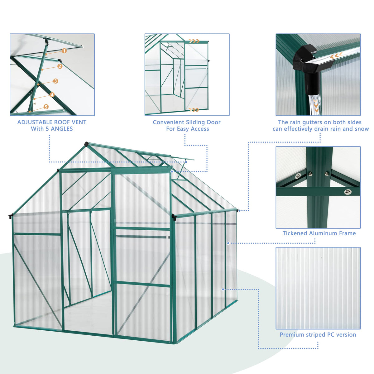 6x8 FT Green Outdoor Walk-in Polycarbonate Greenhouse Adjustable Roof Vent Sliding Door Aluminum Frame Galvanized Base for Backyard Gardening Plants Vegetables Flowers UV Protection Greenhouse
