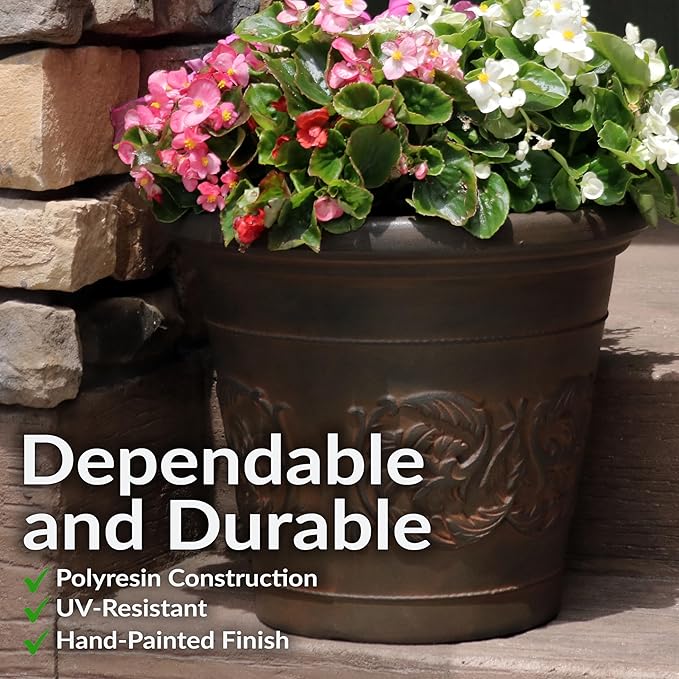 Sunnydaze 16-Inch Arabella Large Plant Pot - Polyresin Insulated Round Outdoor Planter with Drillable Drainage Holes - 4 Pack - Rust