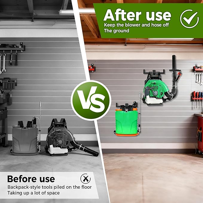 Backpack Leaf Blower Hanger with Hose Holder,Heary Duty Backpack Blower Sprayer Rack,Backpack Blower Wall Mount,Backpack Hanger for Weed Eater,Hedge Trimmer,Chain Saw,Garage Organizer Storage(2 PCS)