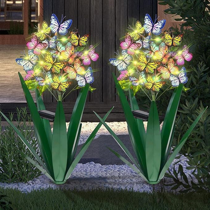 Homight Solar Metal Agave Butterfly Flower Stick Garden Sculpture - Outdoor Gift, Christmas Lights, Swaying Butterfly Sunflower Lights - Solar Outdoor (2 pcs Green)
