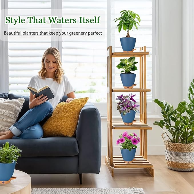 6 Inch Self Watering Pots for Indoor Plants (5-Pack) – Small Plastic Planters with Water Window, Drainage Holes & Trays, Indoor Outdoor Flower Pots for Herbs, Succulents, Home Garden Decor (Navy Blue)