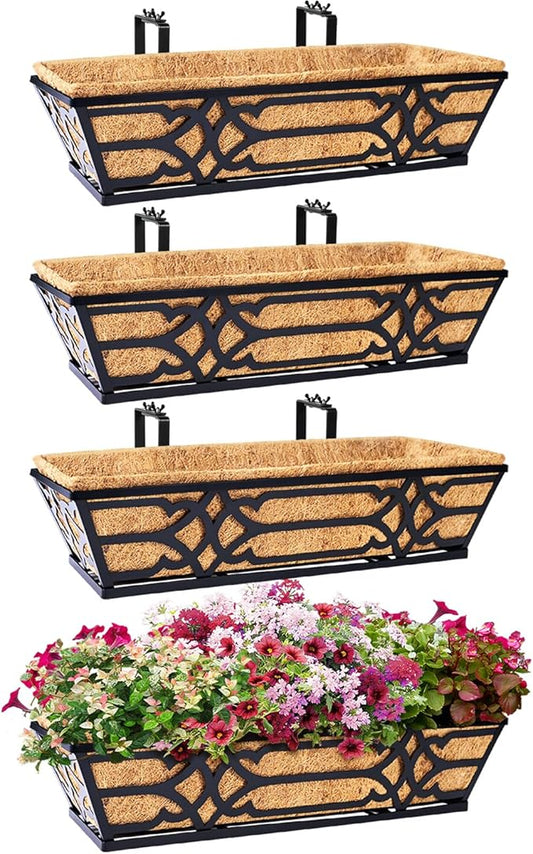 Railing Planter Box, Window Planter Boxes Outdoor 4 Pack 24 Inch Hanging Planter with Adjustable Bracket for Porch, Fence Flower Baskets with Coco Liners