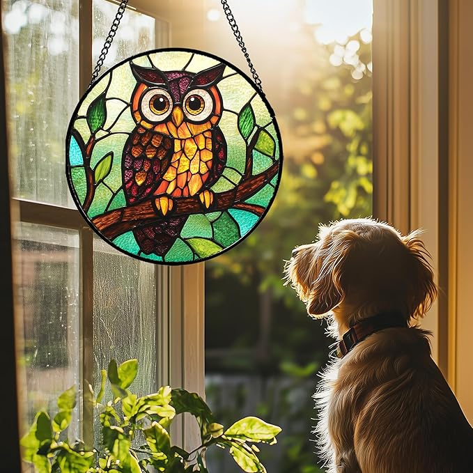 HWRHTR Stained Glass Window Hanging - Owl on a Branch Suncatcher for Doors Window Home Orange Brown Sun Catchers Decor Christmas Mother's Day Birthday Gifts for Teacher Women Men Mom Nana 7.8 in