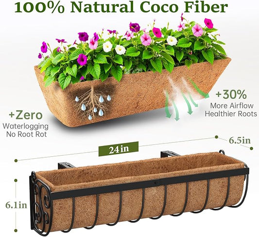 Railing Planter Boxes, 24 Inch Window Boxes Planters, Balcony Planters with Adjustable Brackets & Coco Liner & Support Rod for Outdoor Fence, Deck, Porch, and Patio Gardening, 2 Pack