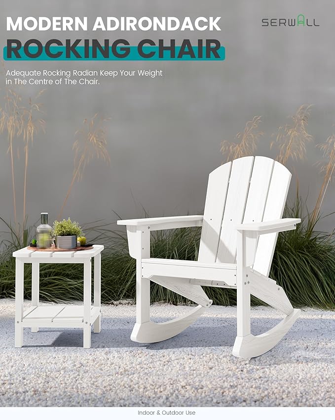 SERWALL Outdoor Adirondack Rocking Chair, All-Weather HDPE Adirondack Rocker Chair, Front Porch Rocker Chairs for Patio Lawn Porch Deck, White