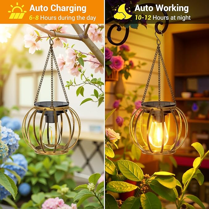 KOOPER Solar Lanterns Outdoor Waterproof, Upgraded Bronze Metal Hanging Solar Lights Outdoor Lanterns, Brighter Auto On/Off Outdoor Hanging Lantern for Yard Patio Pathway Porch Garden Decor 2 Pack