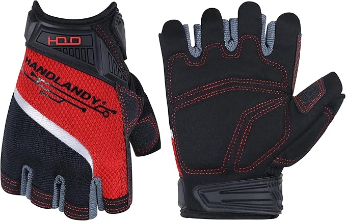 HANDLANDY Fingerless Work Gloves for Men, Half Finger Working Glove Grip Shock-Absorbing Breathable Uwrist TPR Anti-Collision Gloves for Mens & Women (L)