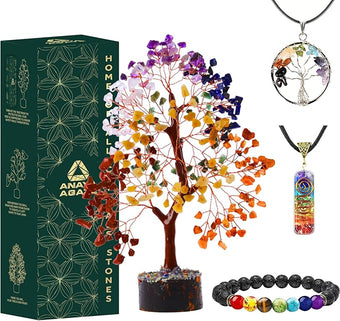 ANAYA AGATE 7 Chakra Crystal Tree of Life with Healing Necklace, and Chakra Bracelet - Gemstone Money Bonsai Trees for Women, Crystals and Healing Stones, Tree for Home, Office, Living Room Decor