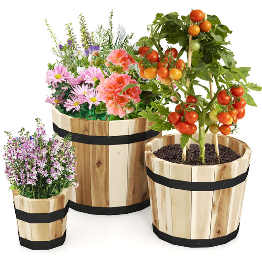 HAPPYGRILL Wooden Plant Pots, 3 Solid Acacia Wood Whiskey Barrel Planters