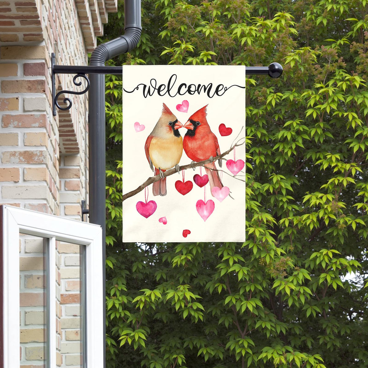 Dacawin Welcome Valentine's Day Garden Flag Cardinal Love Heart Vertical Double Sided House Banner Holiday Anniversary Wedding Red Birds Large Yard Flags Farmhouse Valentines Day Decor 28 x 40 Inch