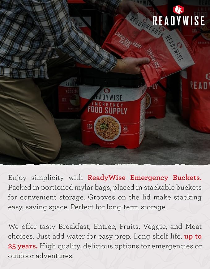 ReadyWise Emergency Food Supply - 120 Servings Breakfast Bucket, Freeze Dried & Dehydrated Meals, Survival Food Kit for Backpacking, Camping Essentials & Prepping Supplies, up to 25 Year Shelf Life