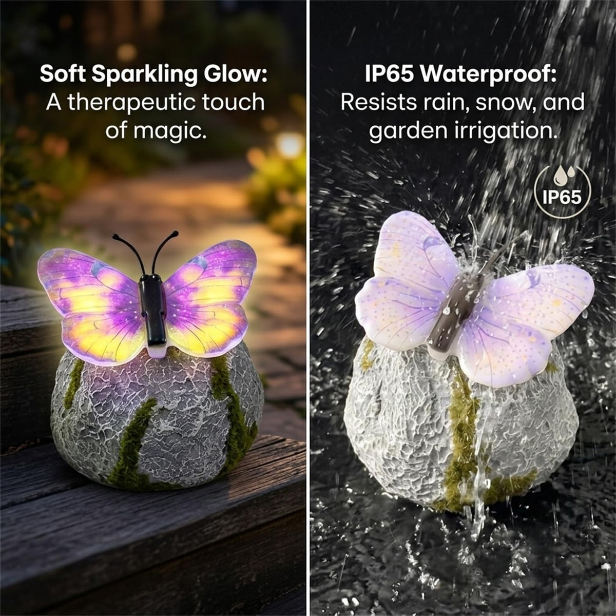 Solar Illuminated Butterfly Stone Garden Light, LED Butterfly Garden Statue with Sparkling Light-Up Wings, Glowing Landscape Rock Figurine Lamp for Flower Bed,Patio,Yard Decor Gift (Green+Purple)