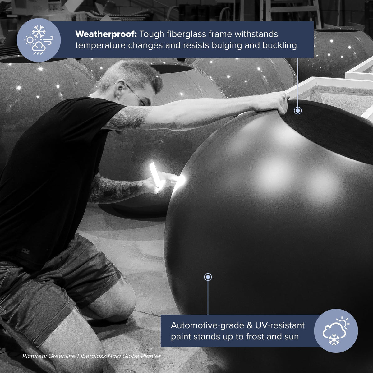 Greenline Nala Large Round Sphere Planter, Modern Fiberglass Indoor/Outdoor