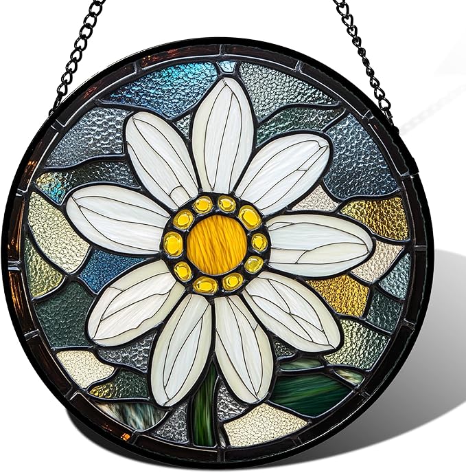 HWRHTR Stained Glass Window Hanging - Yellow White Daisy Birth Flower Suncatcher for Door Garden Yard Sun Catchers Decor Christmas Mother's Day Birthday Gifts for Teacher Women Mom Nana 9.8 in