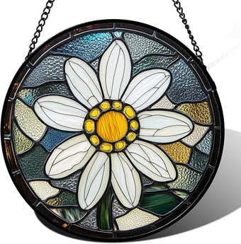 HWRHTR Stained Glass Window Hanging - Yellow White Daisy Birth Flower Suncatcher for Door Garden Yard Sun Catchers Decor Christmas Mother's Day Birthday Gifts for Teacher Women Mom Nana 9.8 in