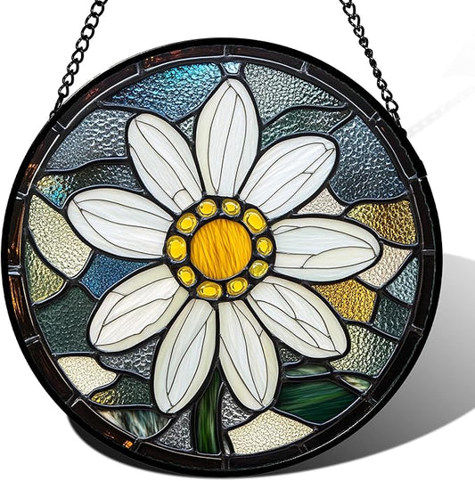 HWRHTR Stained Glass Window Hanging - Yellow White Daisy Birth Flower Suncatcher for Door Garden Yard Sun Catchers Decor Christmas Mother's Day Birthday Gifts for Teacher Women Mom Nana 7.8 in