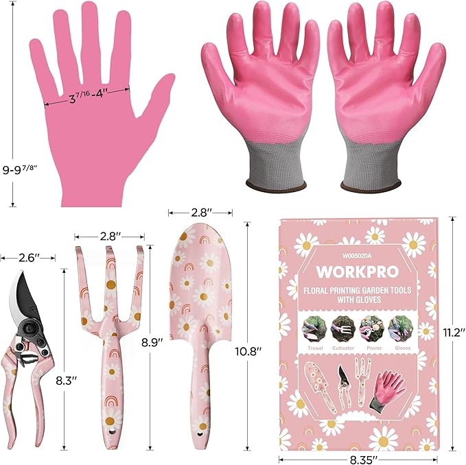 WORKPRO Aluminum Garden Tool Set, 4PCS Heavy Duty Gardening Tools with Box Include Trowel, Rake, Pruner, Gloves, Pink, Garden Gifts-Pink Ribbon